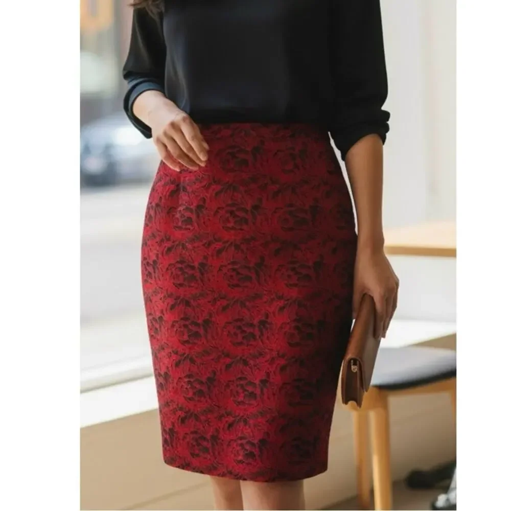 Calvin Klein Jacquard Roses Pencil Skirt 6 Black Red Dark Floral Vamp Party - Picture 1 of 12